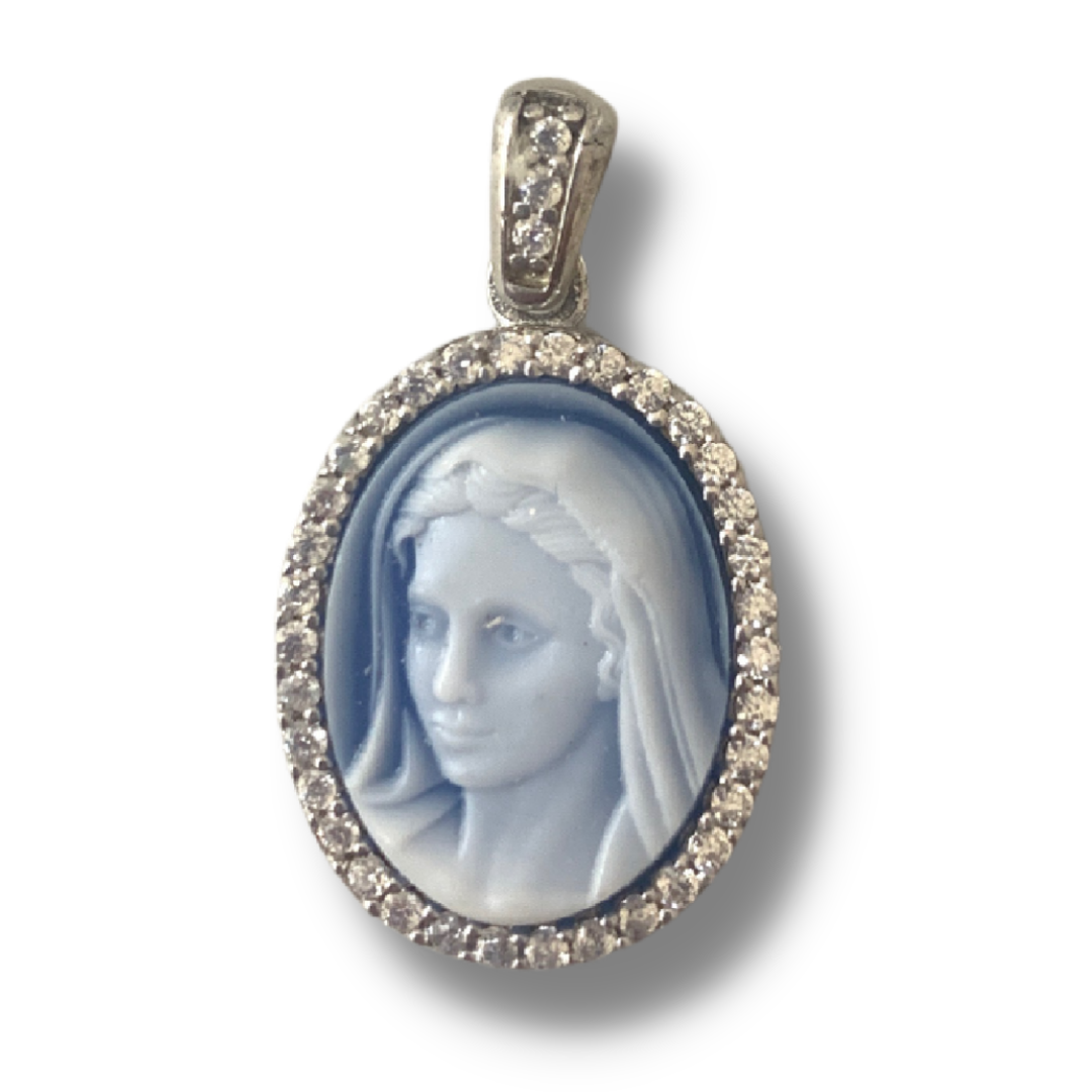 Queen of Peace Cameo Medal with Diamond Border and Hoop