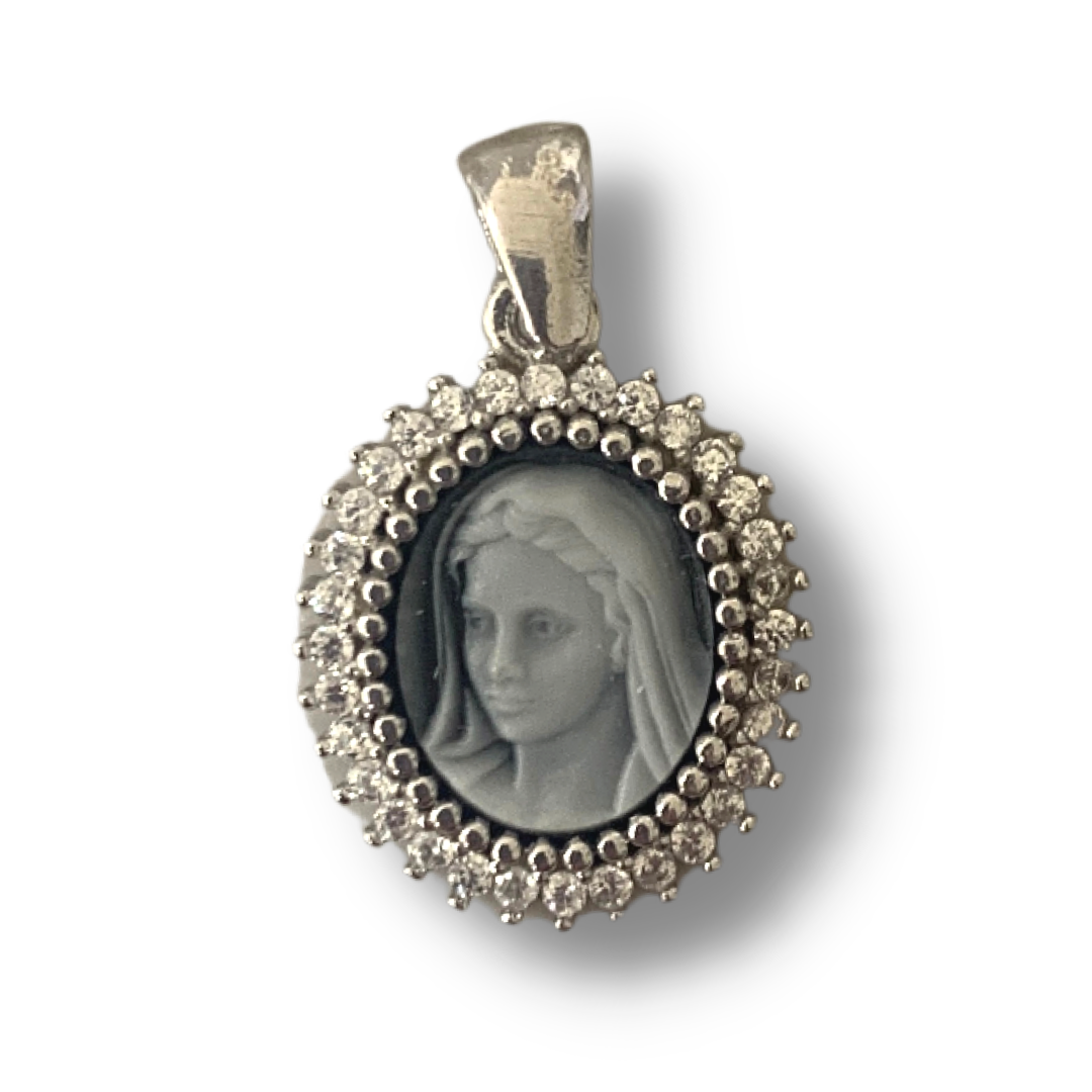Queen of Peace Cameo Medal with Ornate Diamond Border