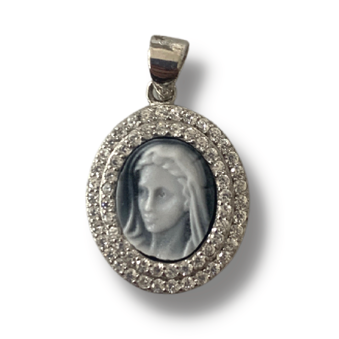 Queen of Peace Cameo Medal with Double Diamond Border