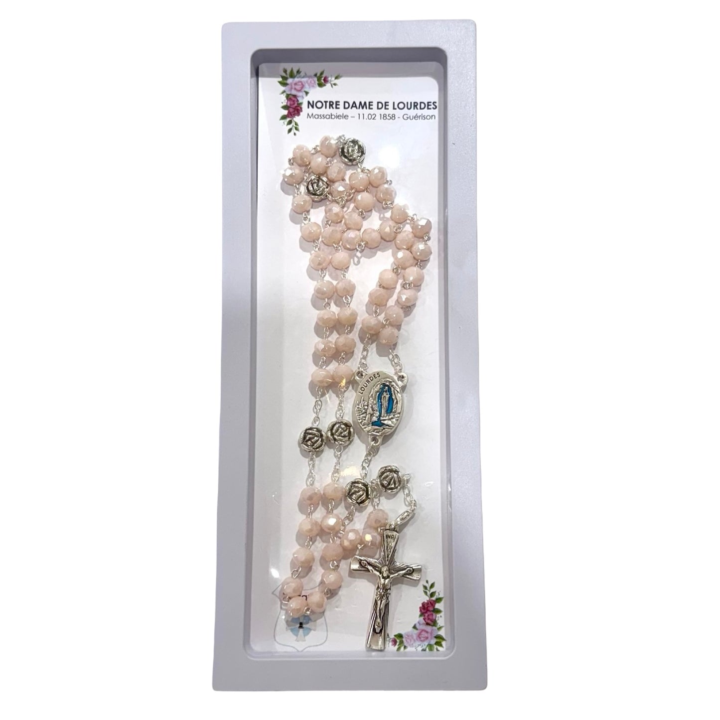 Crystal and Rose Lourdes Rosary with Lourdes Water Centerpiece in Case