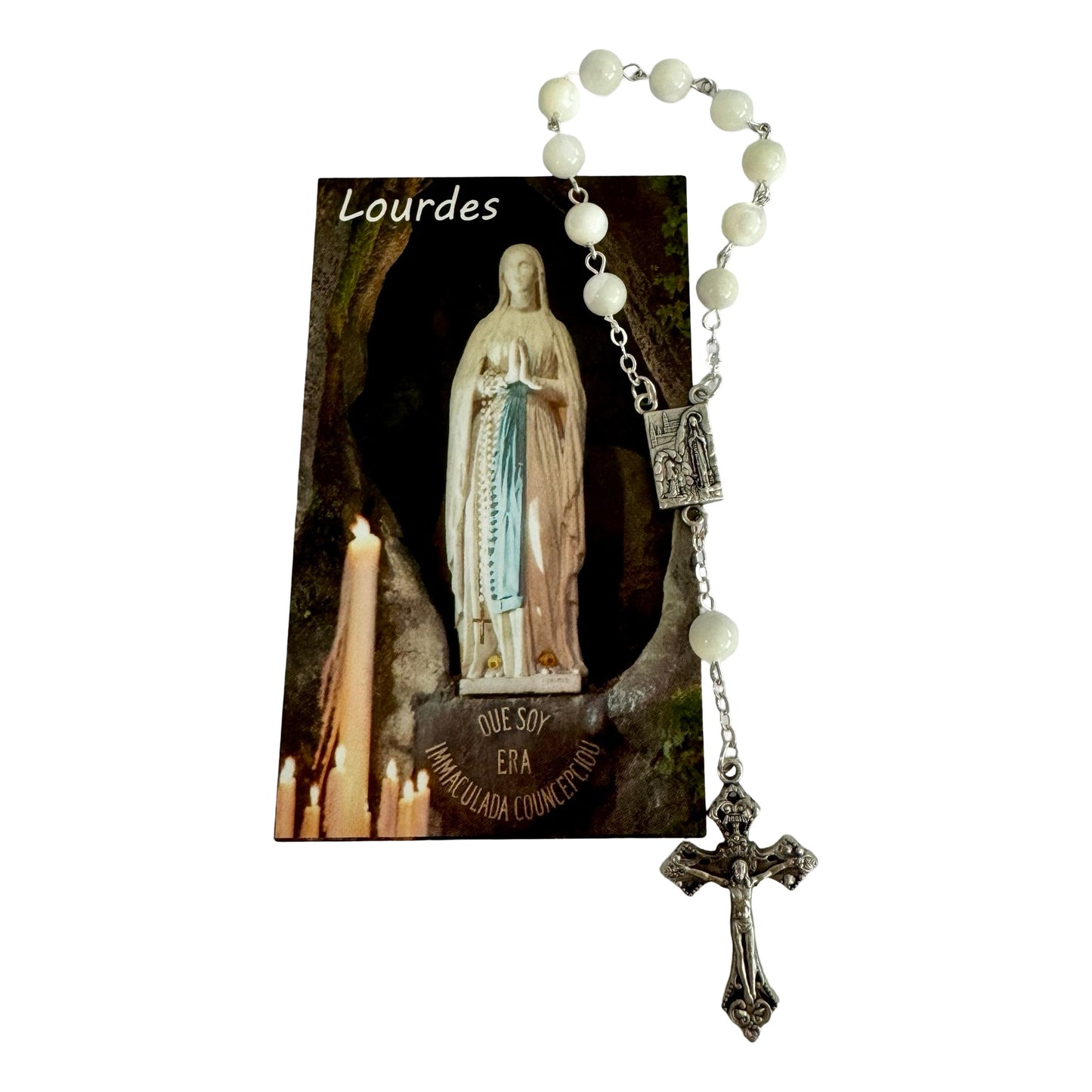 Round Pearl Lourdes Decade Rosary with Holy Card