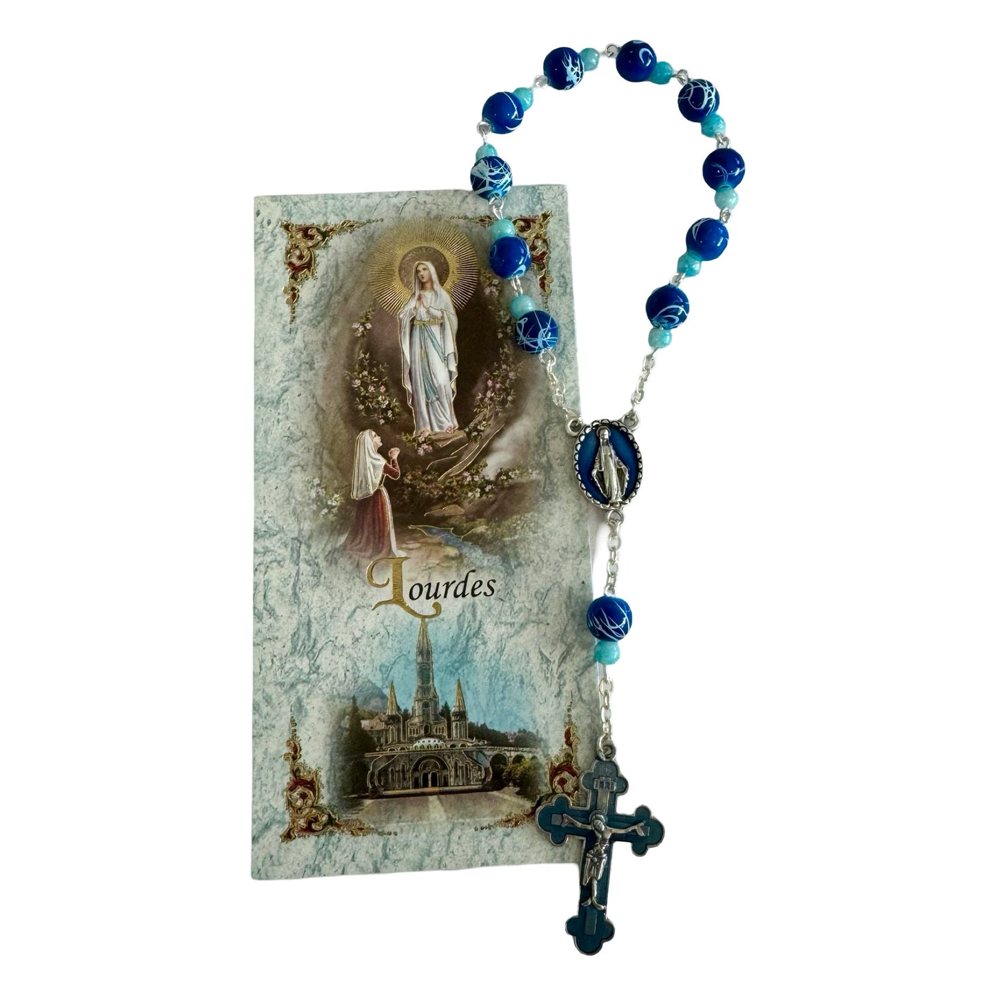 Blue Marble Lourdes Decade Rosary with Miraculous Medal and Holy Card