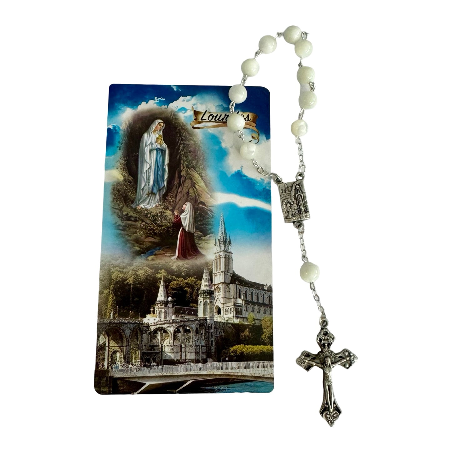 Round Pearl Lourdes Decade Rosary with Holy Card