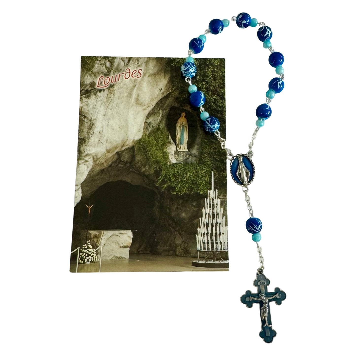 Blue Marble Lourdes Decade Rosary with Miraculous Medal and Holy Card