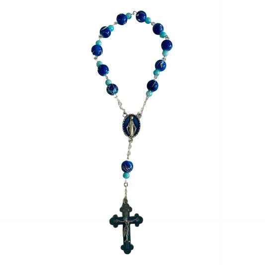 Blue Marble Lourdes Decade Rosary with Miraculous Medal and Holy Card