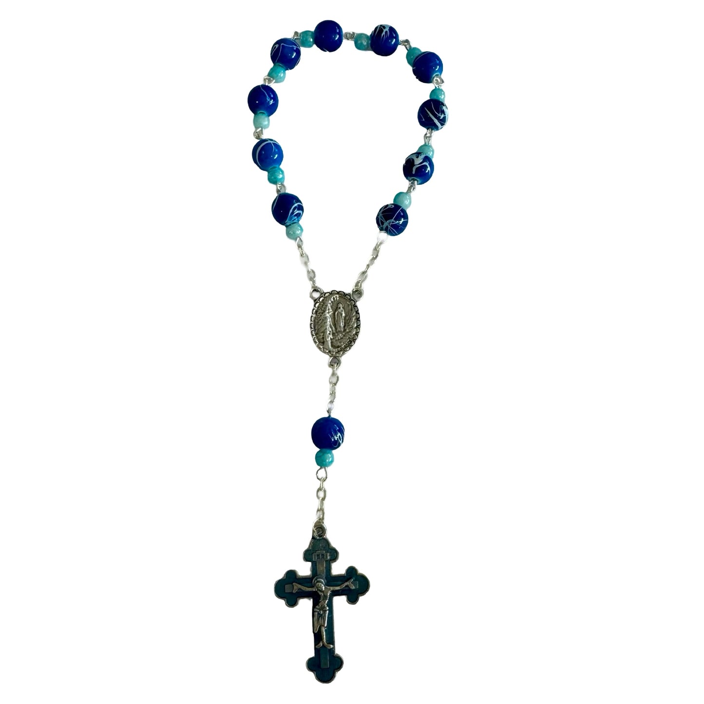 Blue Marble Lourdes Decade Rosary with Miraculous Medal and Holy Card