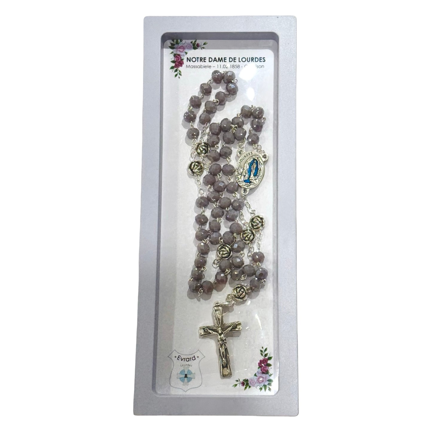 Crystal and Rose Lourdes Rosary with Lourdes Water Centerpiece in Case