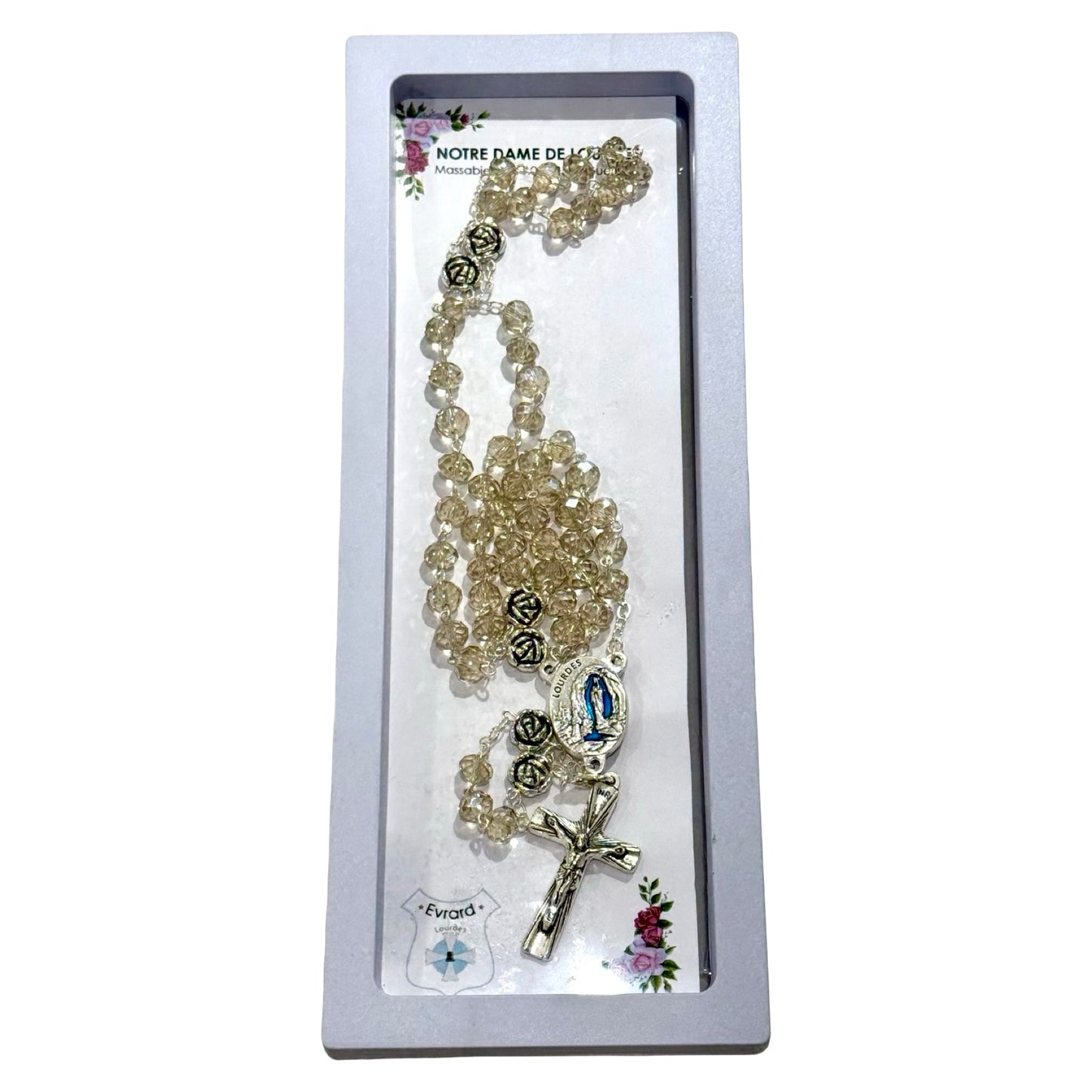 Crystal and Rose Lourdes Rosary with Lourdes Water Centerpiece in Case