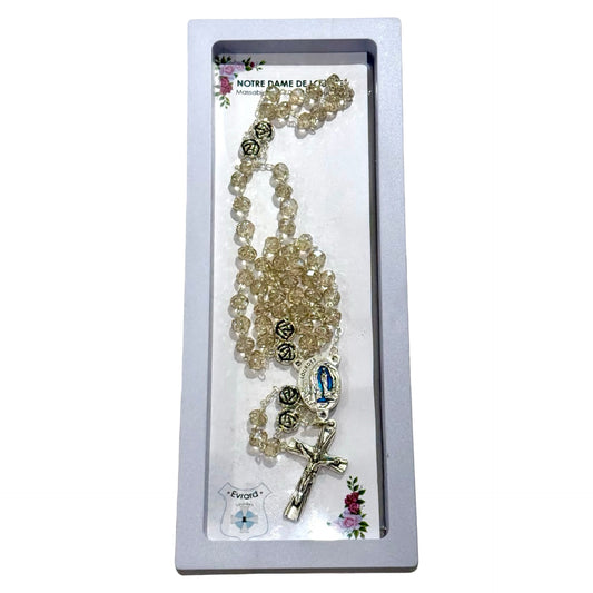 Crystal and Rose Lourdes Rosary with Lourdes Water Centerpiece in Case