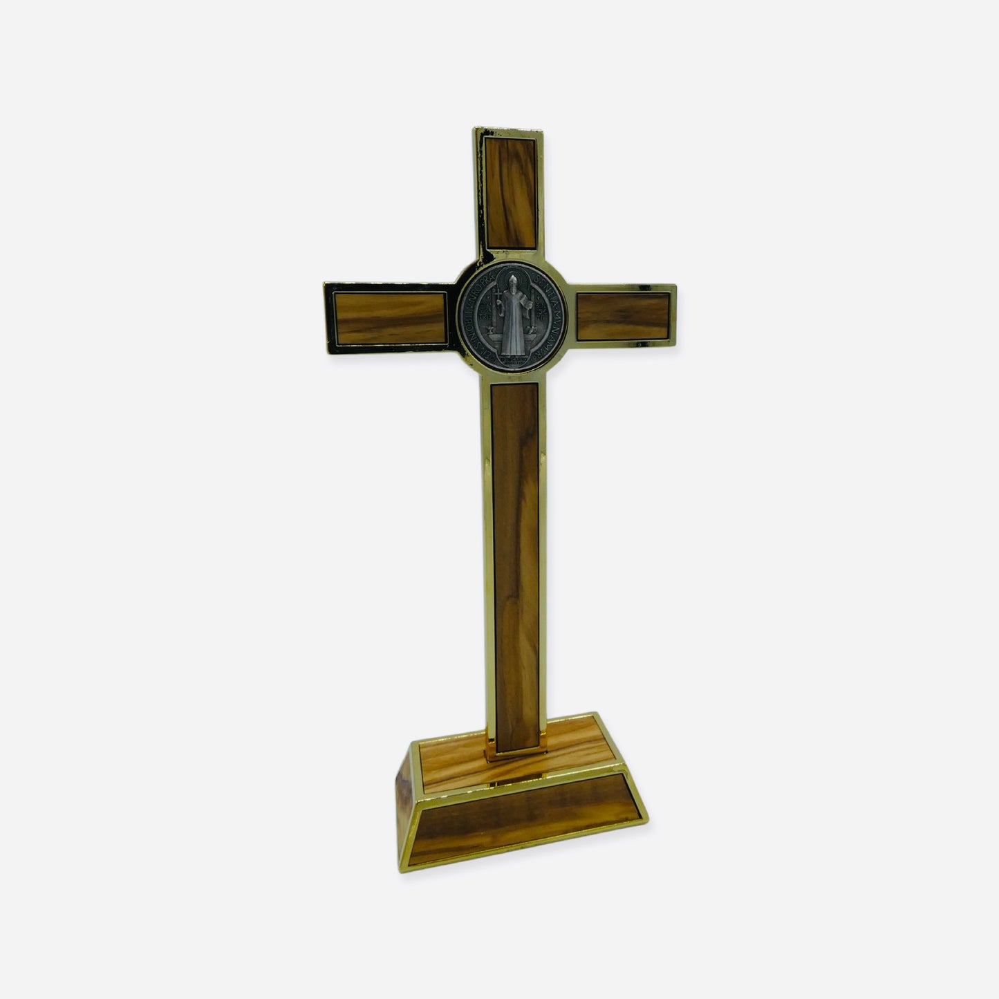 Gold Hickory Wood Colored Inlay St. Benedict Standing Crucifix