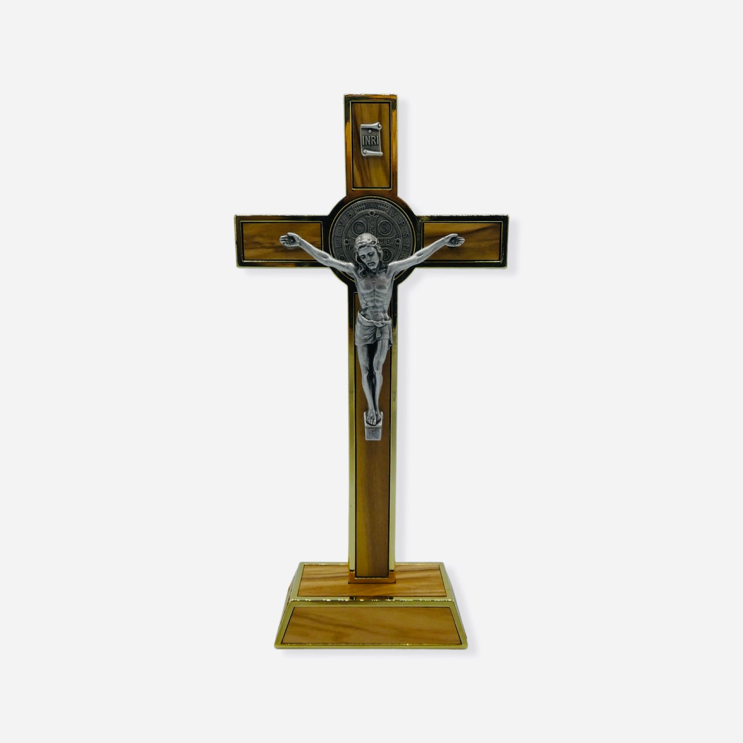 Gold Hickory Wood Colored Inlay St. Benedict Standing Crucifix