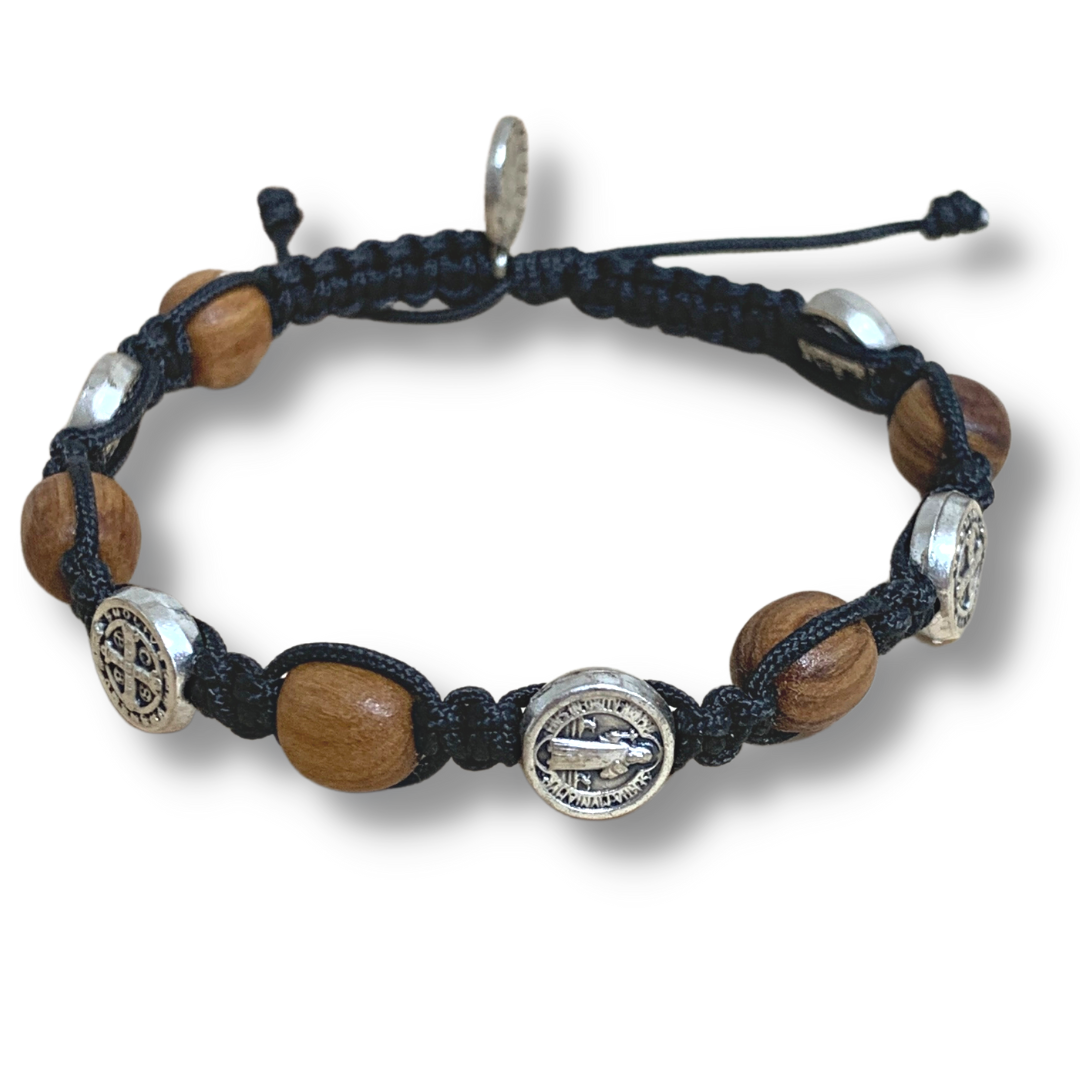 Wood Bead and St. Benedict Medal Decade Rosary Bracelet
