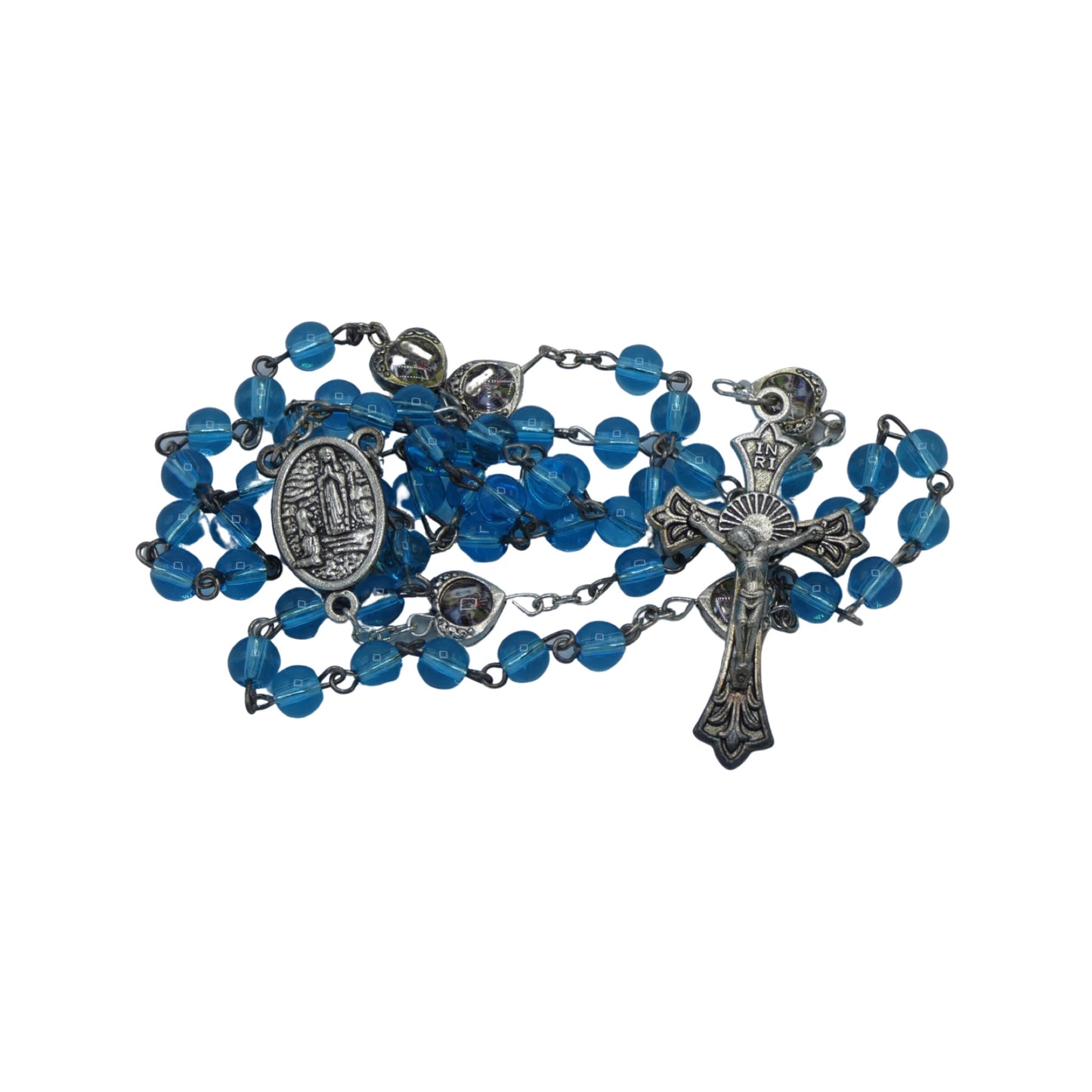 Blue Lourdes Rosary with Hearts
