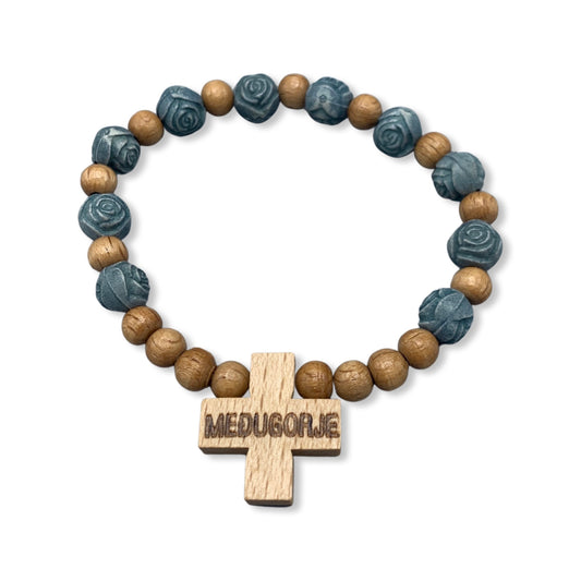 Wooden Flower Decade Rosary Bracelet of Assorted Colors