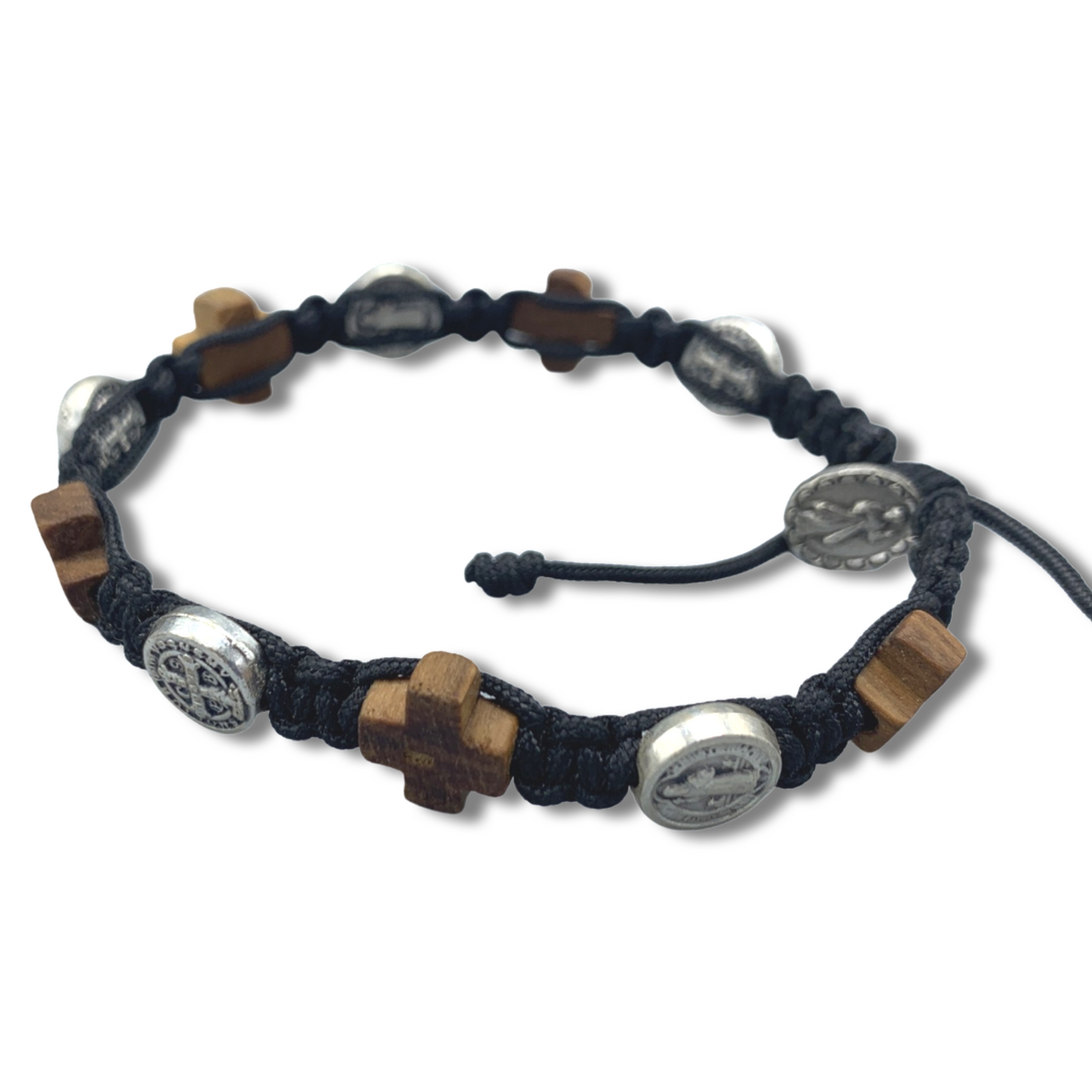 Wood Cross and St. Benedict Medal Decade Rosary Bracelet of Assorted Colors
