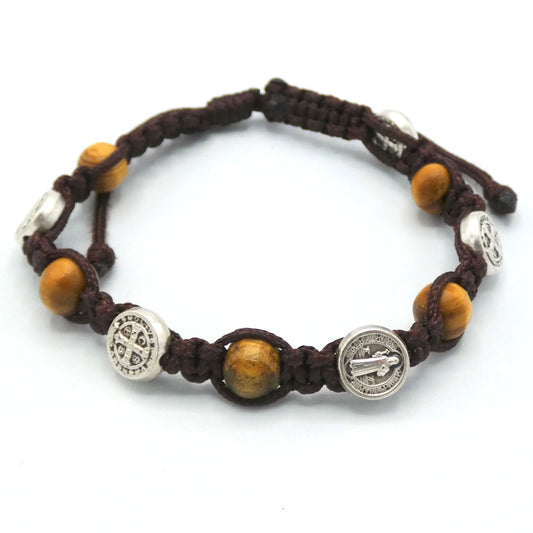 Wood Bead and St. Benedict Medal Decade Rosary Bracelet