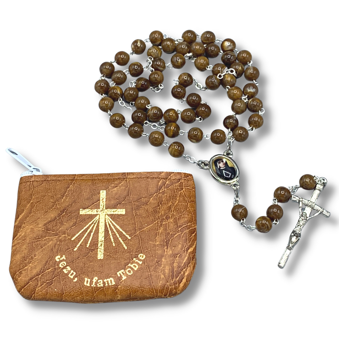 Marble St. Faustina Rosary with Relic and Pouch