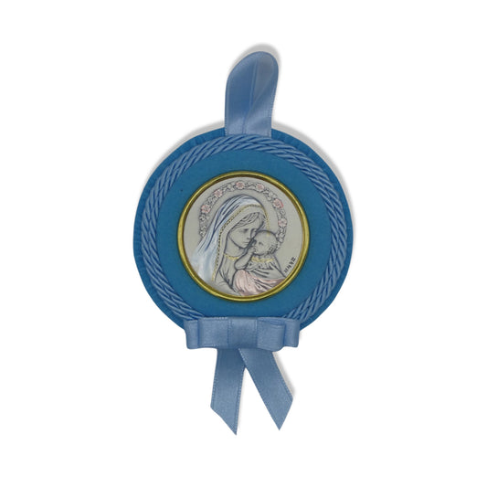 Circular Our Lady with Child Baby Crib Silver Medallion