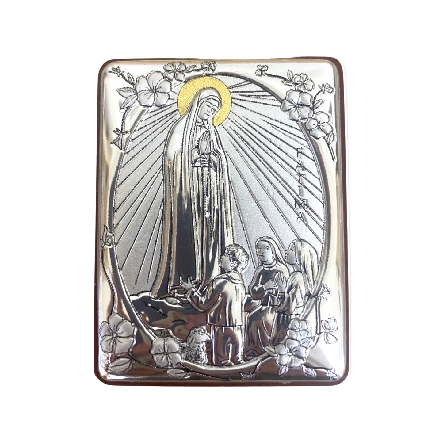 Square Colored Silver Image of Our Lady of Fatima with Shepherd Children