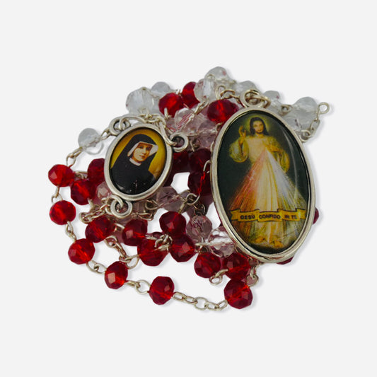 Crystal Blood and Water Divine Mercy Rosary with Relic and Holy Card