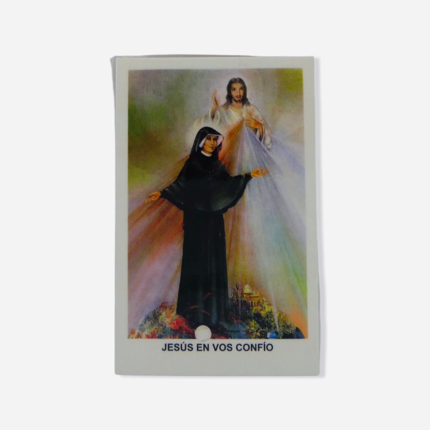 Divine Mercy and St. Faustina Prayer Card with Relic in Spanish