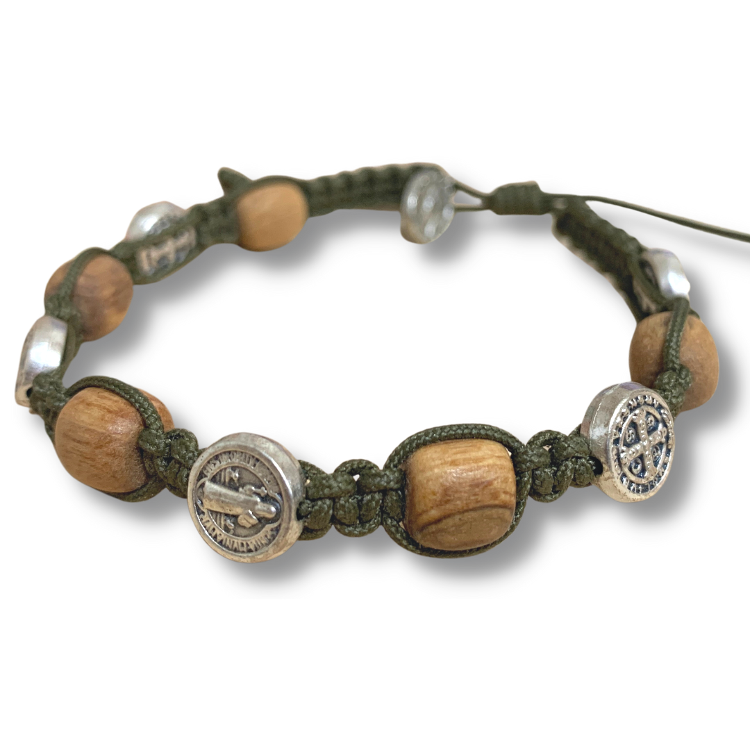 Wood Bead and St. Benedict Medal Decade Rosary Bracelet