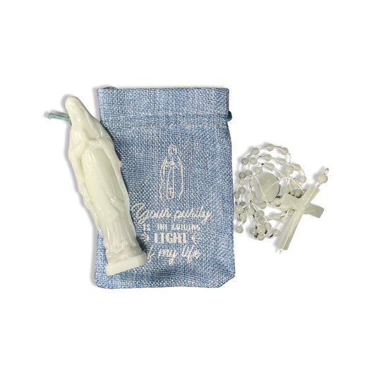 Glow in the Dark Lourdes Statue and Rosary with Blue Pouch