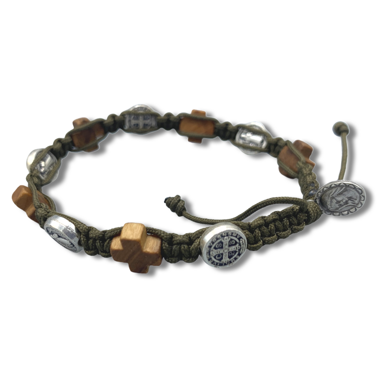 Wood Cross and St. Benedict Medal Decade Rosary Bracelet of Assorted Colors
