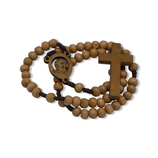 Padre Pio Wooden Rosary with Relic Holy Card