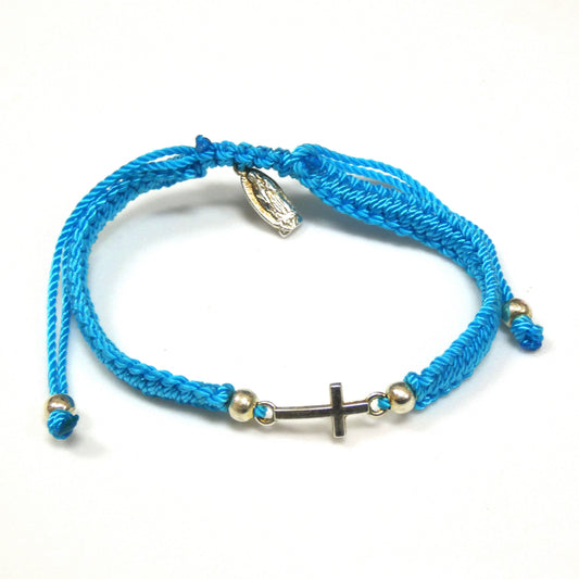 Braided Bracelet of Assorted Colors with Metal Cross and Guadalupe Medal