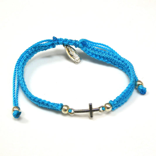 Braided Bracelet of Assorted Colors with Metal Cross and Guadalupe Medal