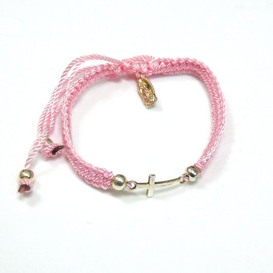 Braided Bracelet of Assorted Colors with Metal Cross and Guadalupe Medal