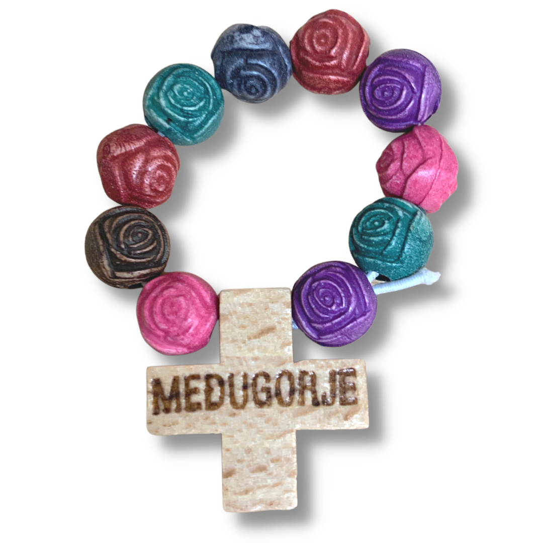Wooden Flower Decade Rosary Ring of Assorted Colors