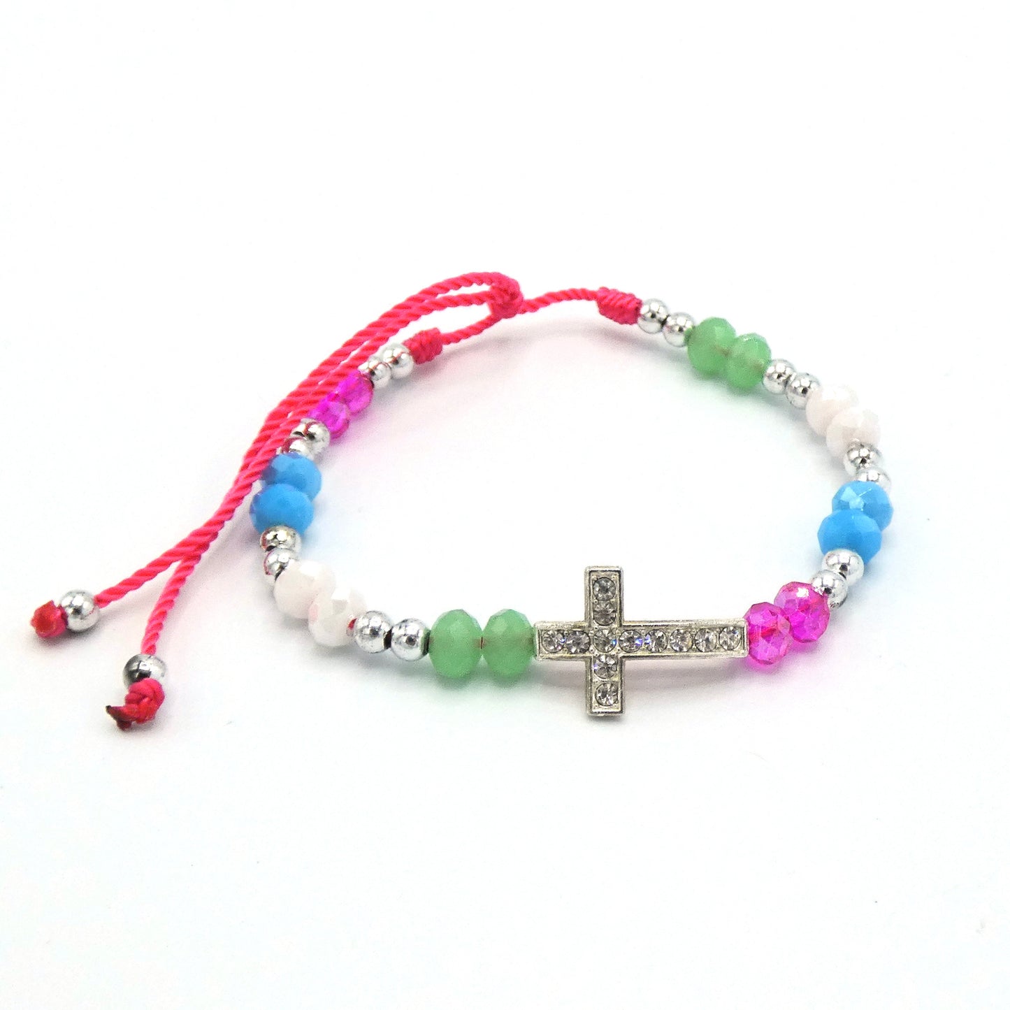 Beaded Bracelet of Assorted Colors with Rhinestone Cross