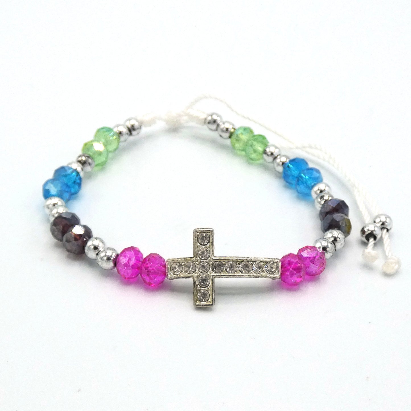 Beaded Bracelet of Assorted Colors with Rhinestone Cross