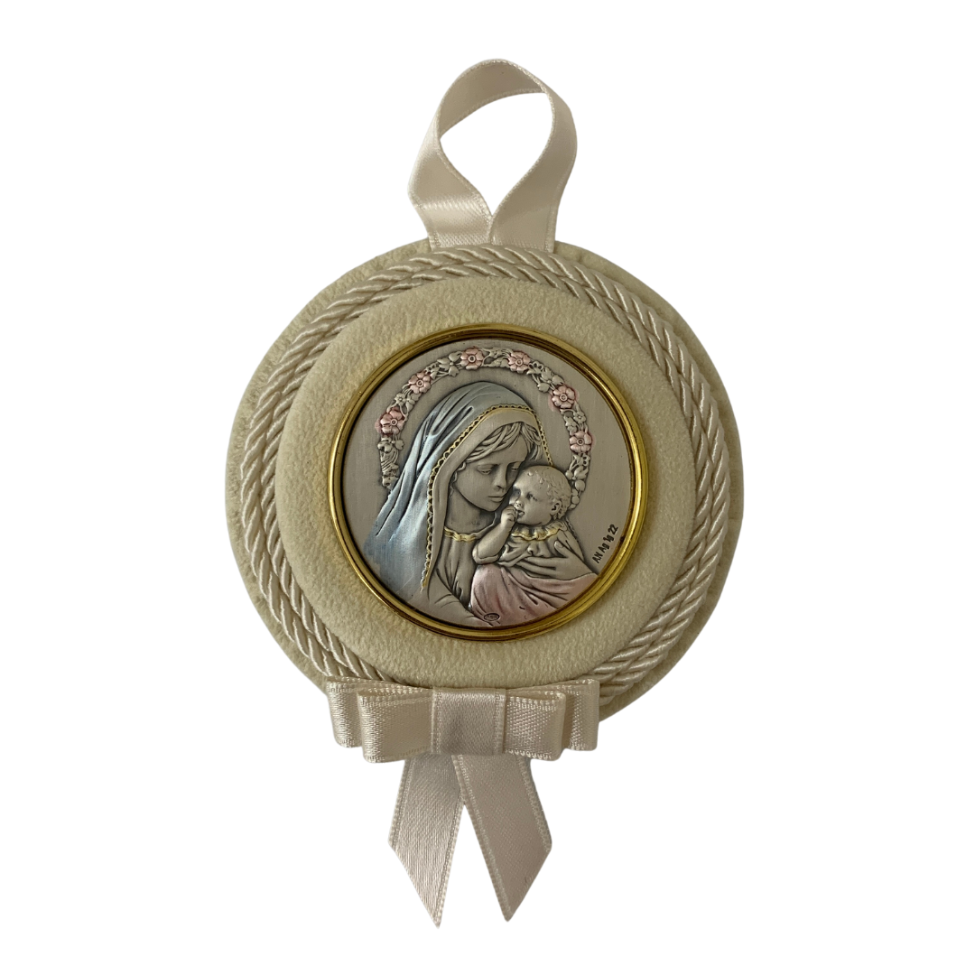 Circular Our Lady with Child Baby Crib Silver Medallion