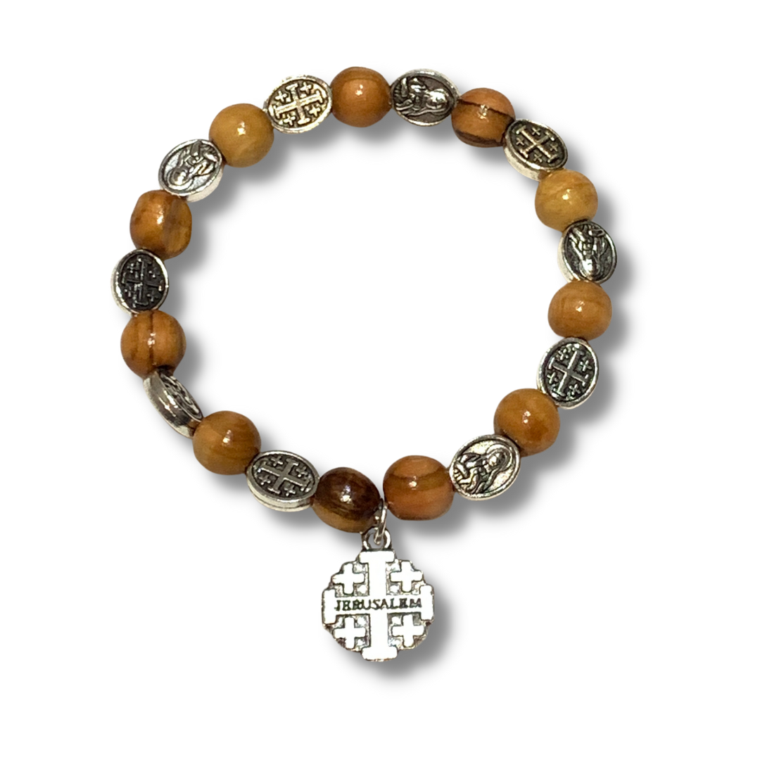 Olive Wood Hanging Jerusalem Cross and Immaculate Heart Bracelet