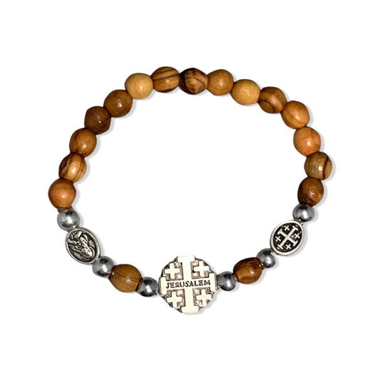 Olive Wood Jerusalem Cross and Immaculate Heart Bracelet