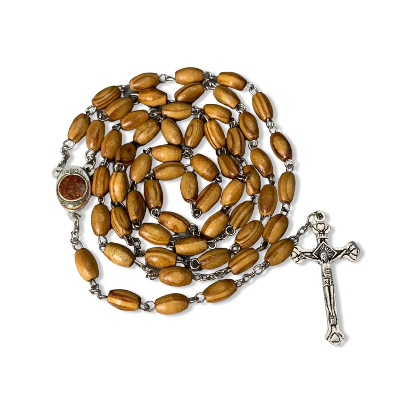 Olive Wood Our Lady of Tenderness Rosary with Soil