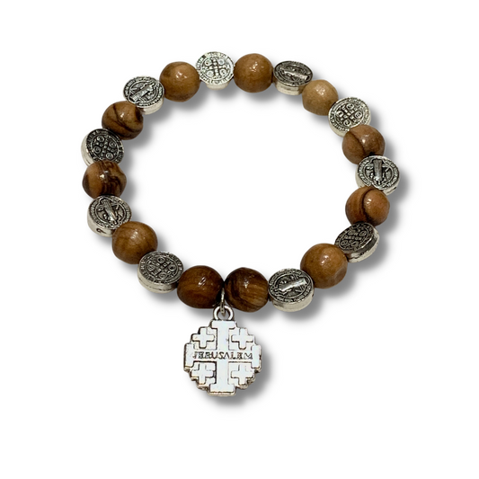 Olive Wood St. Benedict Bracelet with Hanging Jerusalem Cross
