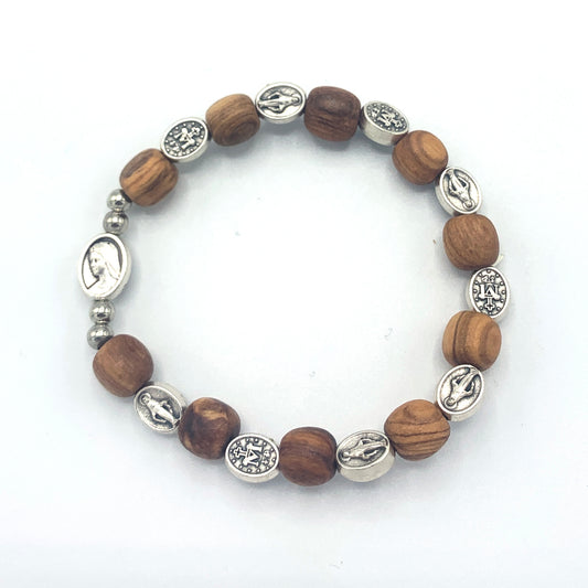 Olive Wood and Oval Miraculous Medal Decade Rosary Bracelet