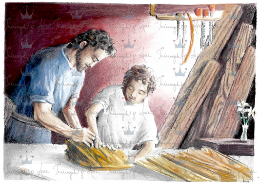 Original St. Joseph and Young Jesus Working Color Print by SCTJM
