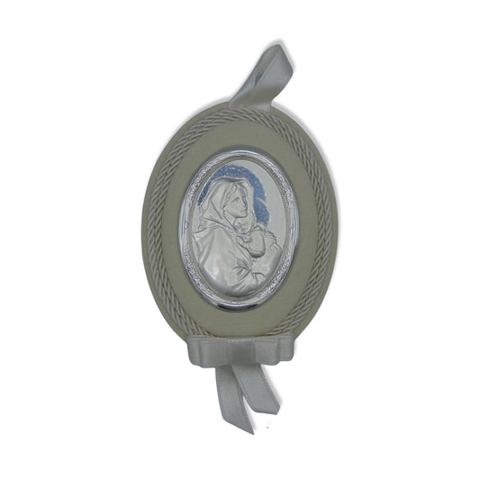 Oval Madonna with Child Baby Crib Silver Medallion