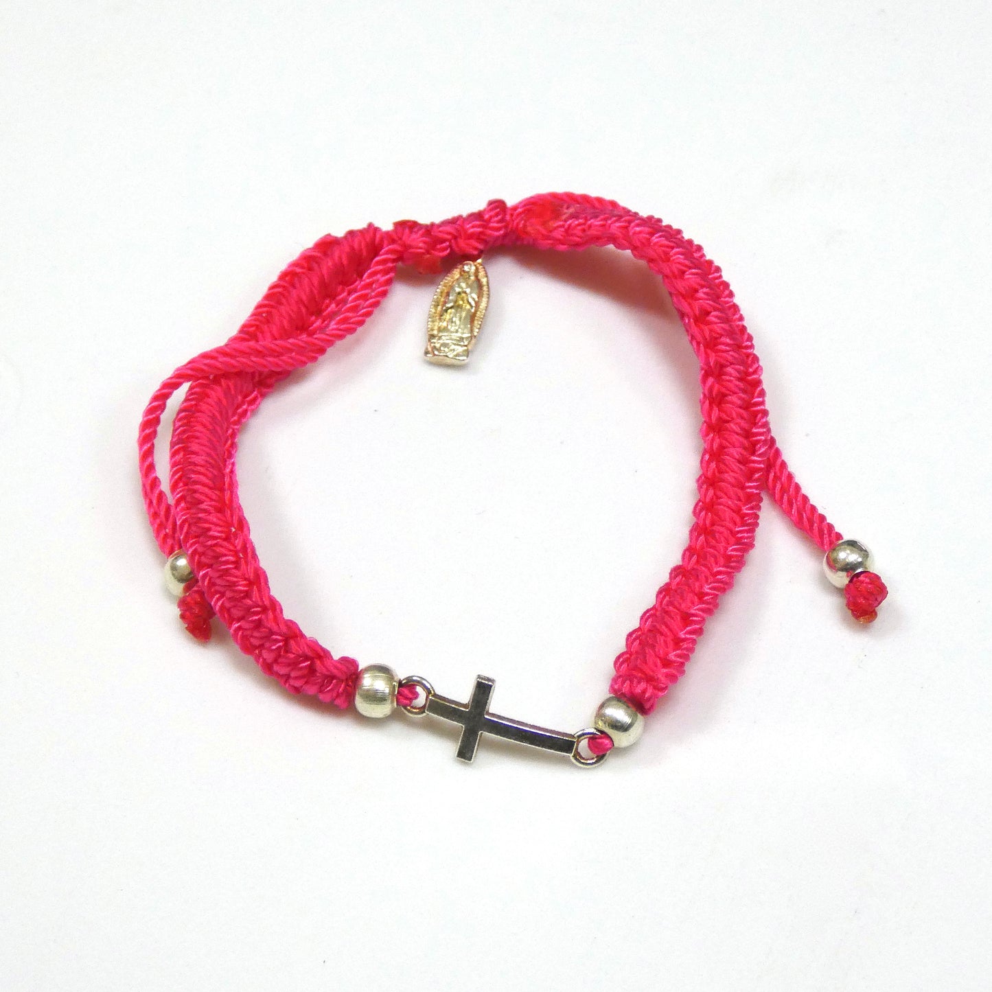 Braided Bracelet of Assorted Colors with Metal Cross and Guadalupe Medal