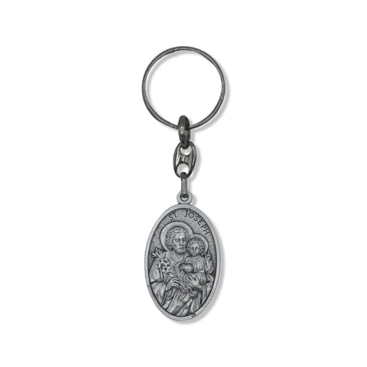 Silver St. Joseph and Holy Family Keychain