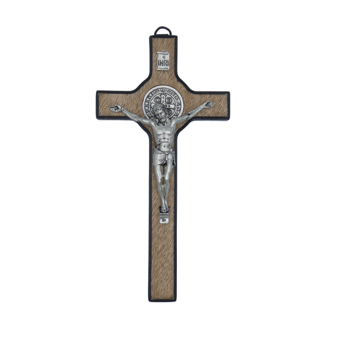 White Oak Colored St. Benedict Crucifix with Black Border