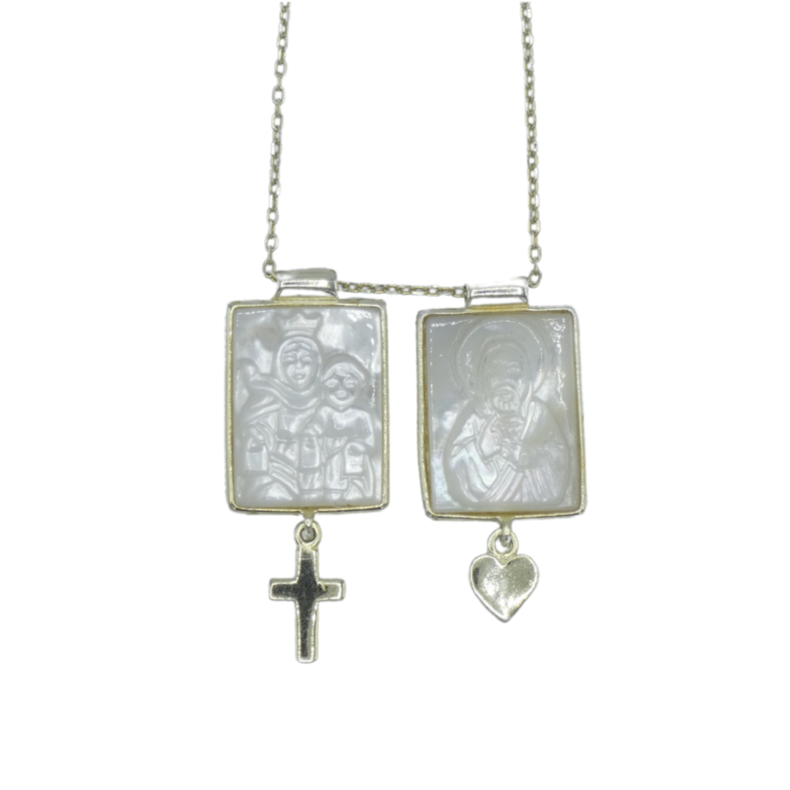 Square Mother of Pearl Scapular Necklace with Gems