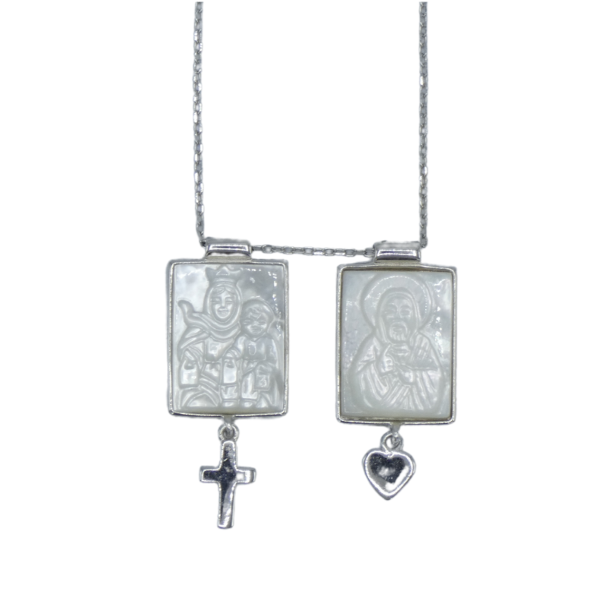 Square Mother of Pearl Scapular Necklace with Gems