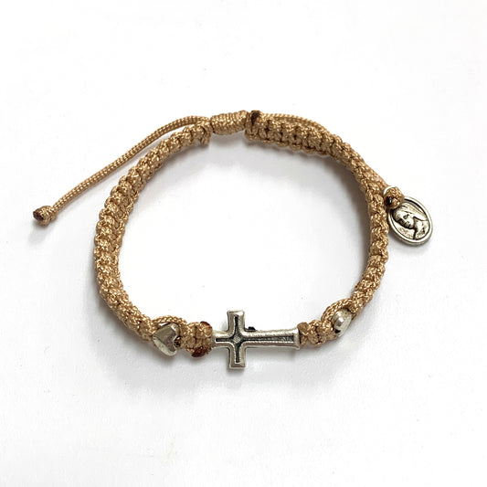 Braided Bracelet with Metal Cross and Hearts of Assorted Colors