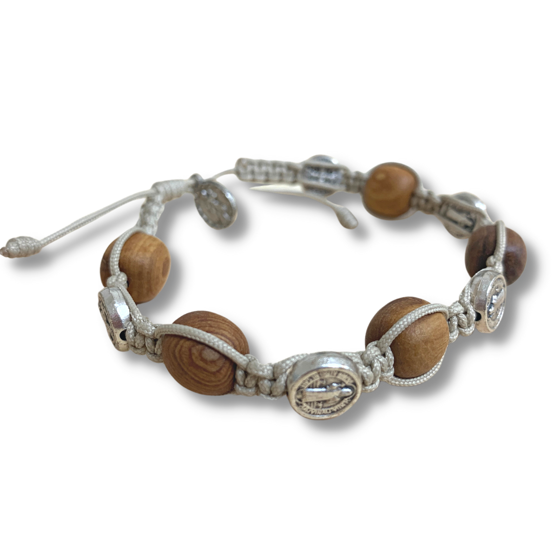 Wood Bead and St. Benedict Medal Decade Rosary Bracelet